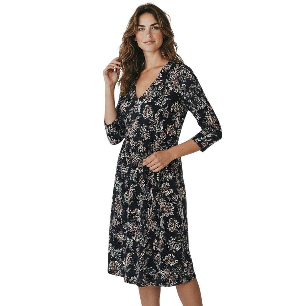 J. Jill Wearever Collection Knit Pleat-Back Dress Black Paisley V-Neck Size XL